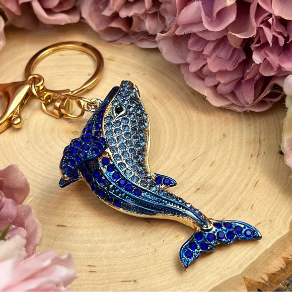 Blue and Gold Crystal Whale Keychain Charm - Picture 8 of 16